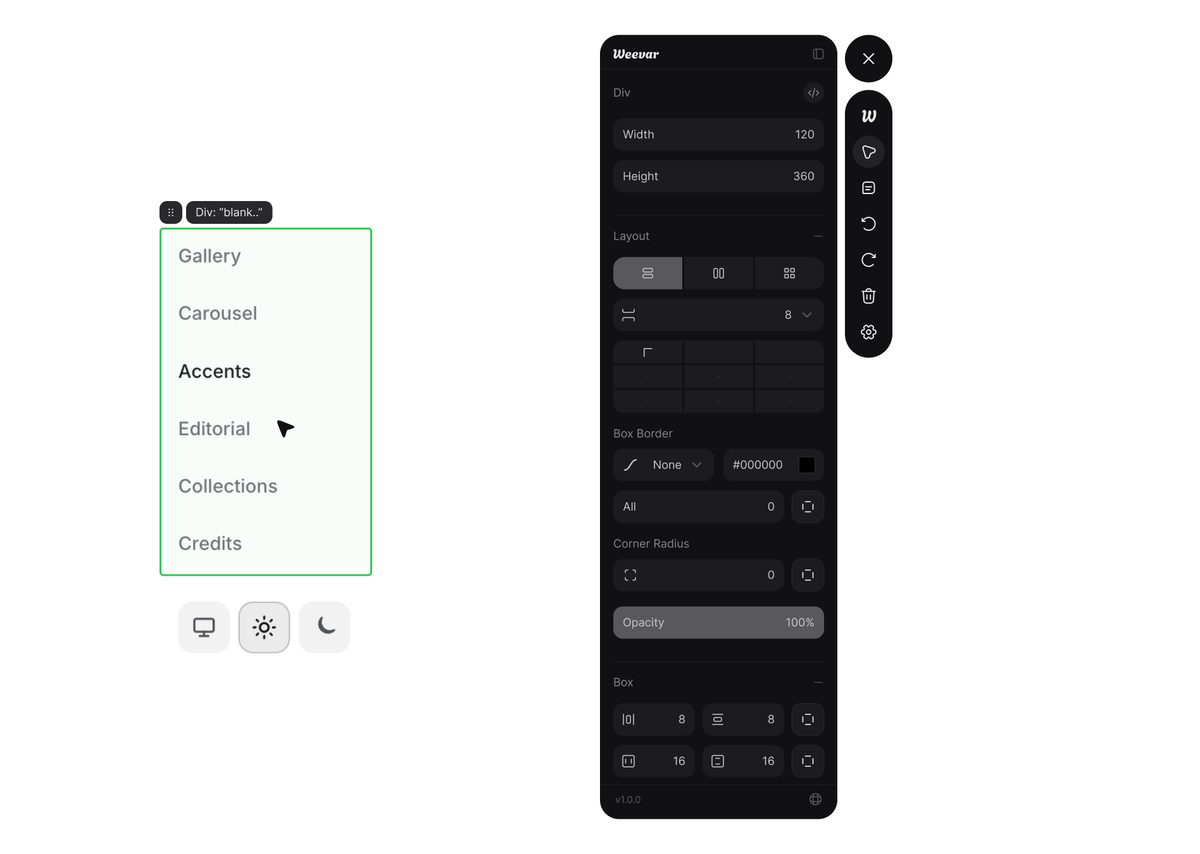 Edit tray showing style controls for the selected element.